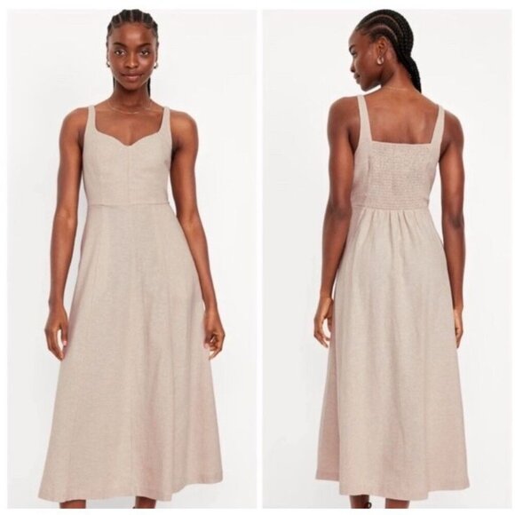 Old Navy Size XL Linen Blend Oatmeal Beige Sleeveless Smocked Midi Dress Beachy - Picture 9 of 9